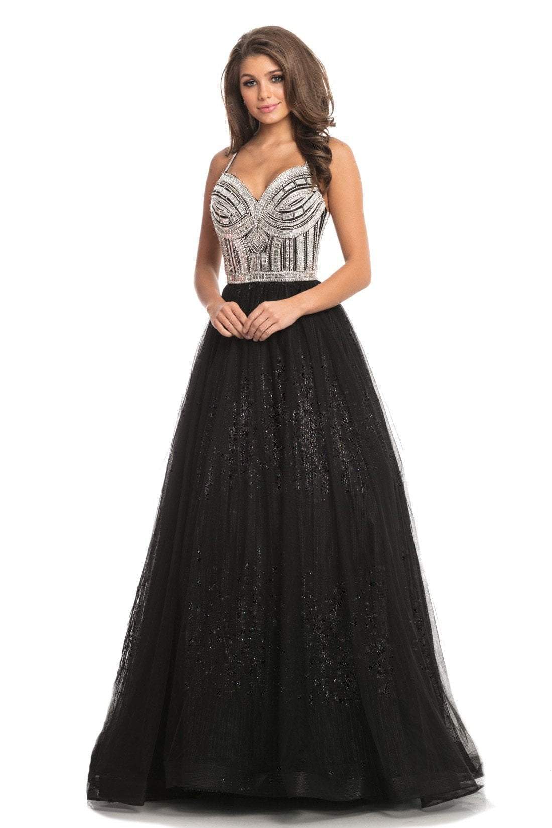 Johnathan Kayne - 9067 Sleeveless Sparkly Glitter Mesh A-Line Gown In Black and Silver