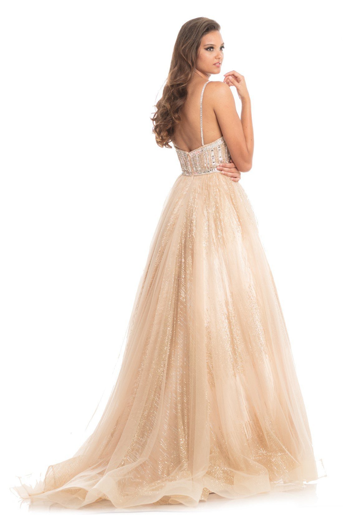 Johnathan Kayne - 9067 Sleeveless Sparkly Glitter Mesh A-Line Gown In Neutral