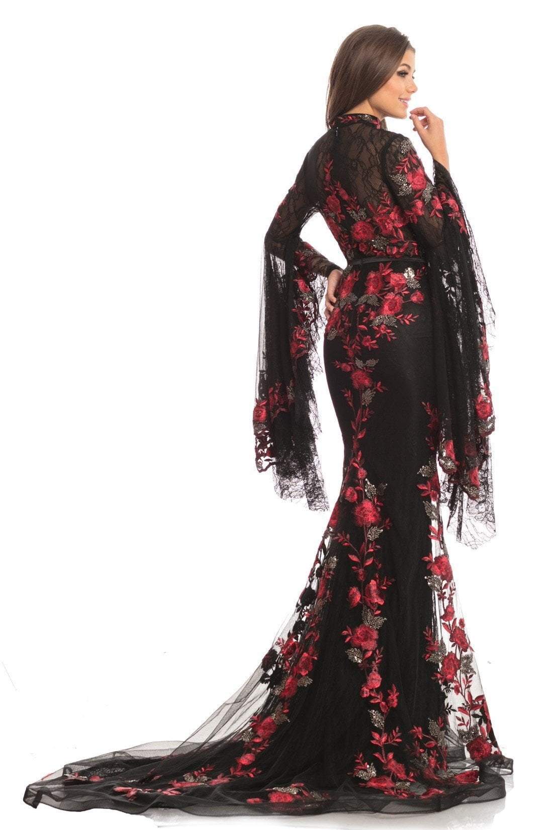 Johnathan Kayne - 9070 Floral Embroidered High Neck Evening Gown In Black and Red