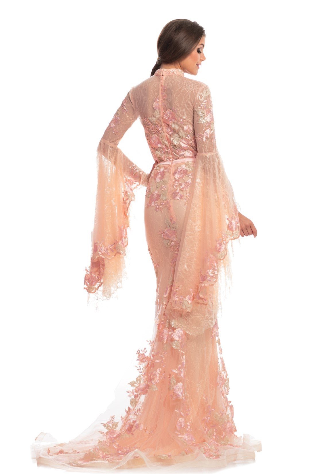 Johnathan Kayne - 9070 Floral Embroidered High Neck Evening Gown In Orange
