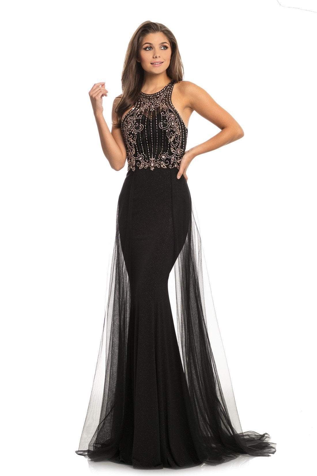 Johnathan Kayne - 9071 Beaded Halter Gown with Sheer Overskirt In Black and Gold