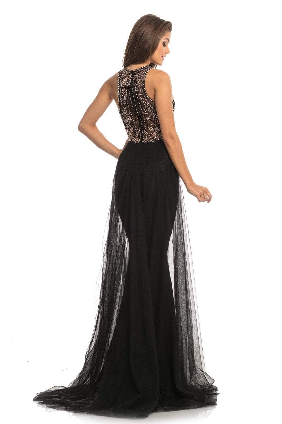 Johnathan Kayne - 9071 Beaded Halter Gown with Sheer Overskirt In Black and Gold