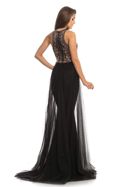 Johnathan Kayne - 9071 Beaded Halter Gown with Sheer Overskirt In Black and Gold