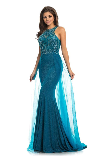 Johnathan Kayne - 9071 Beaded Halter Gown with Sheer Overskirt In Blue