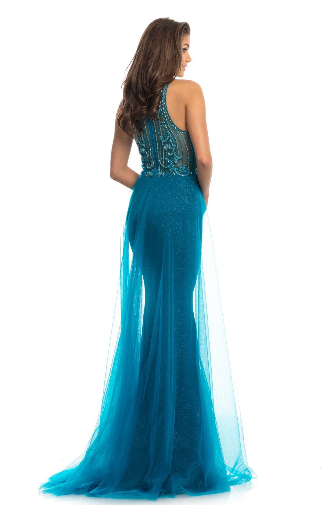 Johnathan Kayne - 9071 Beaded Halter Gown with Sheer Overskirt In Blue