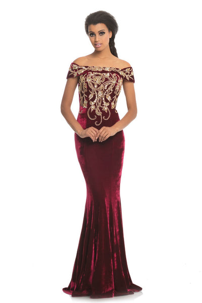 Johnathan Kayne - 9076 Bead Embellished Off-Shoulder Gown In Red and Gold