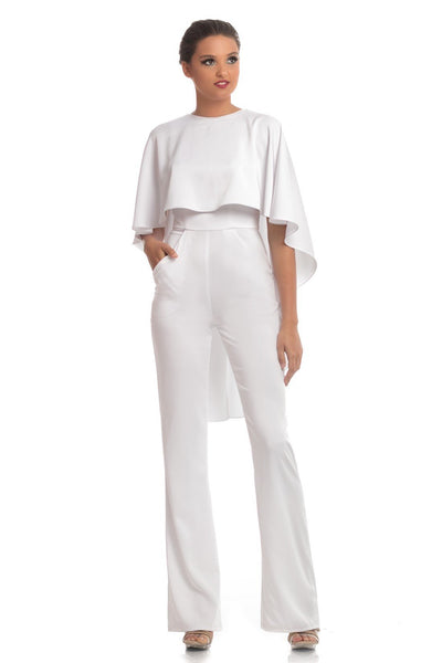 Johnathan Kayne - 9083 Sleeveless Jewel Neck Jumpsuit With Cape Detail In White