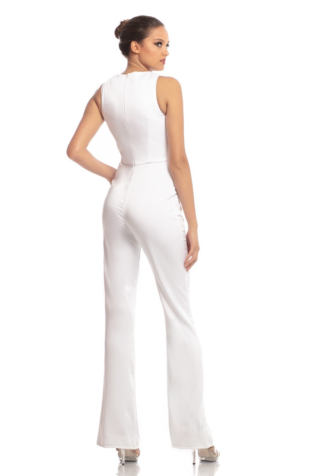 Johnathan Kayne - 9083 Sleeveless Jewel Neck Jumpsuit With Cape Detail In White
