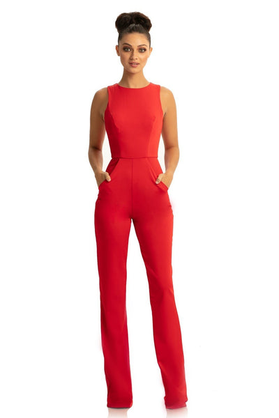 Johnathan Kayne - 9083 Sleeveless Jewel Neck Jumpsuit With Cape Detail In Red