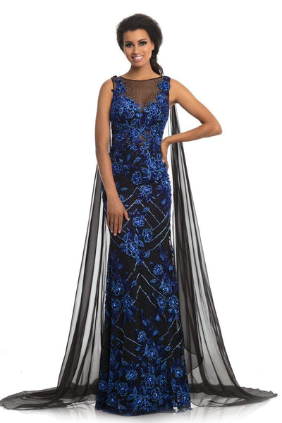 Johnathan Kayne - 9085 Embroidered Illusion Bateau Trumpet Dress In Black and Blue