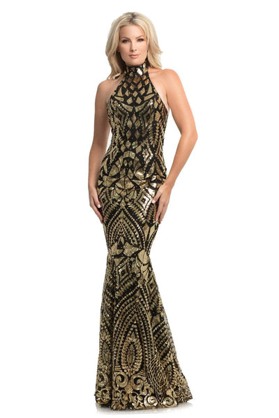 Johnathan Kayne - 9086 Sequin Print High Nek Mermaid Gown In Black and Gold