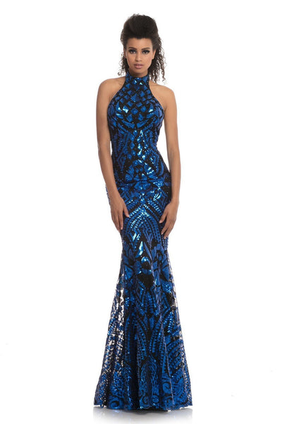 Johnathan Kayne - 9086 Sequin Print High Nek Mermaid Gown In Black and Blue