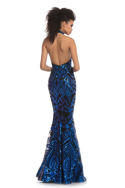 Johnathan Kayne - 9086 Sequin Print High Nek Mermaid Gown In Black and Blue