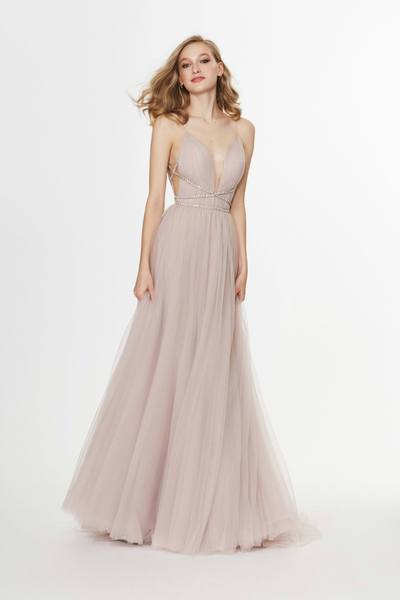 Angela & Alison - 91036 Rhinestone Criscross Waistband Illusion Plunging Soft Net Gown In Neutral and Pink