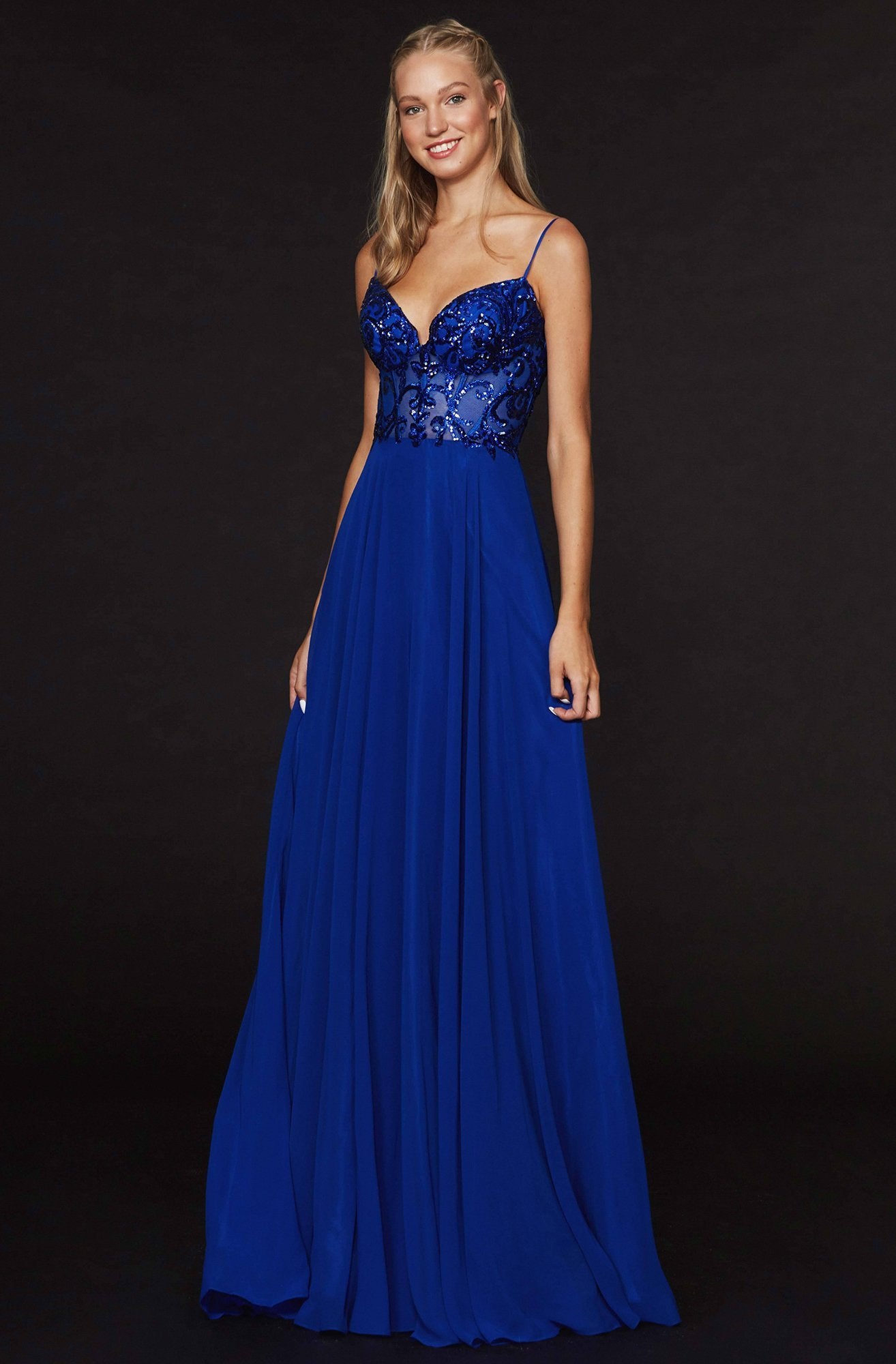 Angela & Alison - 91101 Sequined V-neck Chiffon A-line Dress In Blue