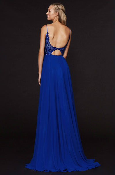 Angela & Alison - 91101 Sequined V-neck Chiffon A-line Dress In Blue