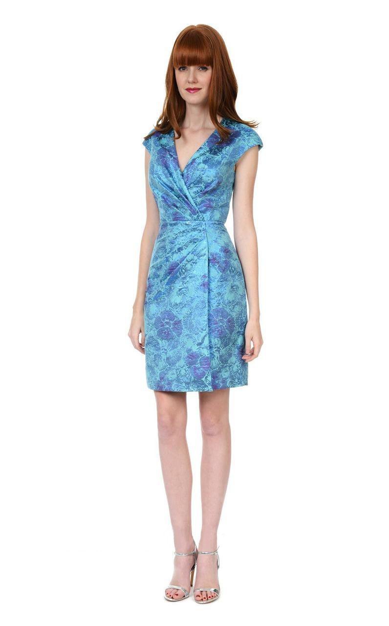Kay Unger - 124576 Cap Sleeve Wrap Bodice Dress in Blue and Multi-Color