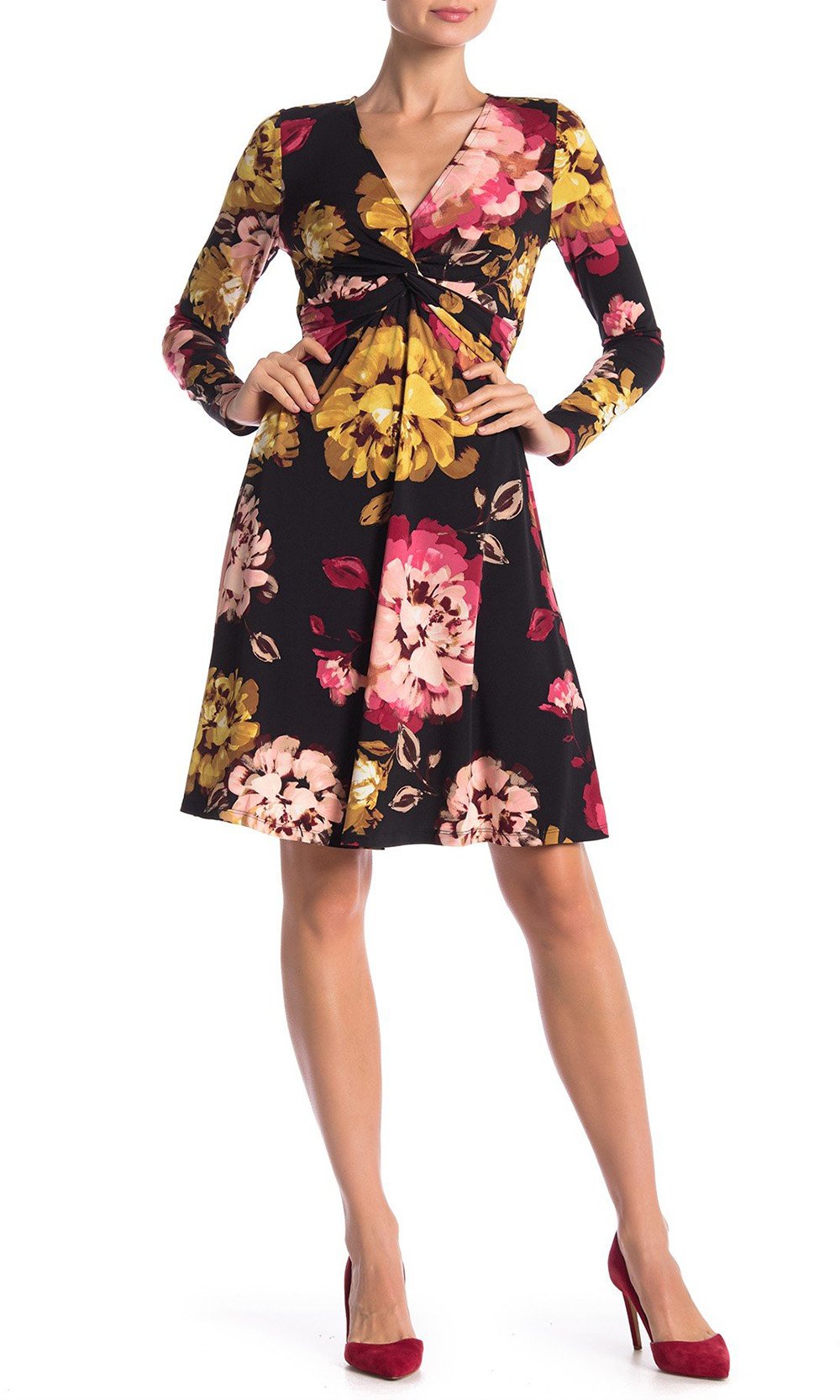 London Times - T3417M Long Sleeve Multi-Color Floral Print Dress In Black and Print