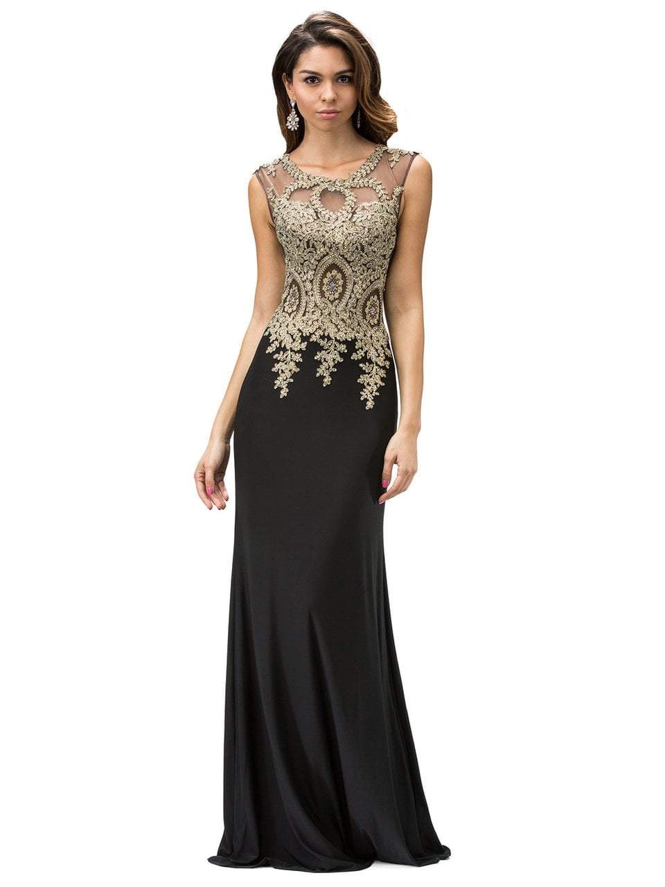 Dancing Queen - Sheer Cap Sleeves Gold Tone Lace Applique Gown  in Black