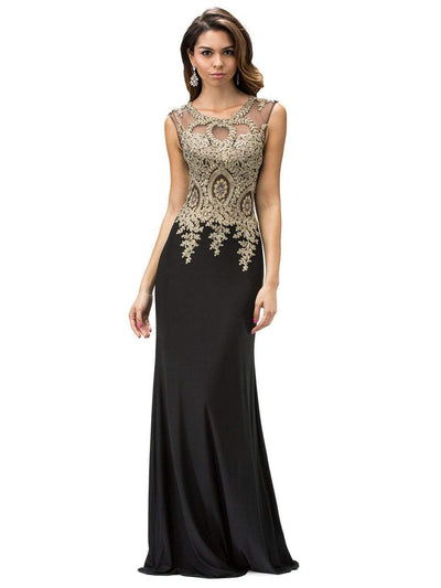 Dancing Queen - Sheer Cap Sleeves Gold Tone Lace Applique Gown  in Black