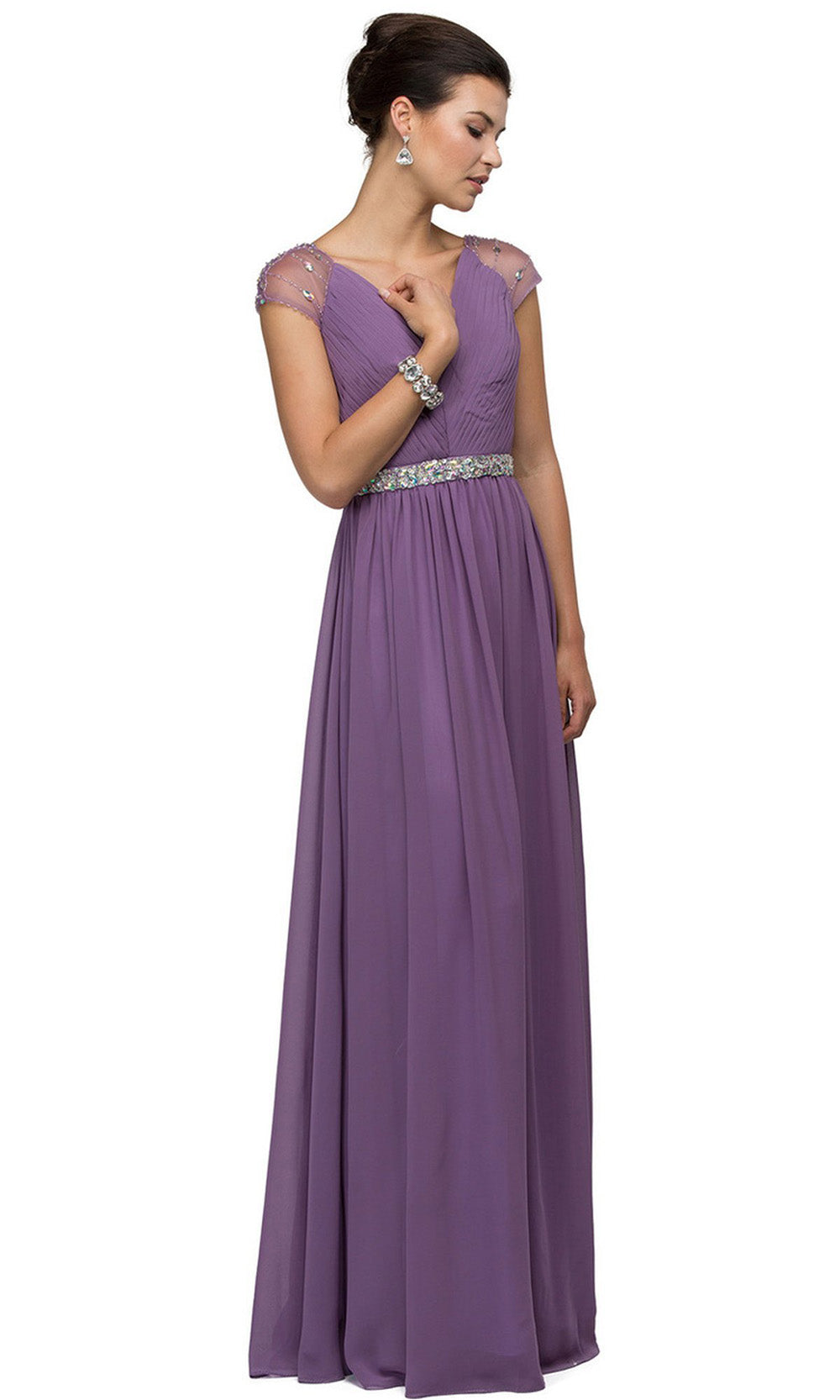 Dancing Queen Illusion Cap Sleeve Pleated V-Neck Chiffon Evening Dress 9182 CCSALE S / Dusty Lilac