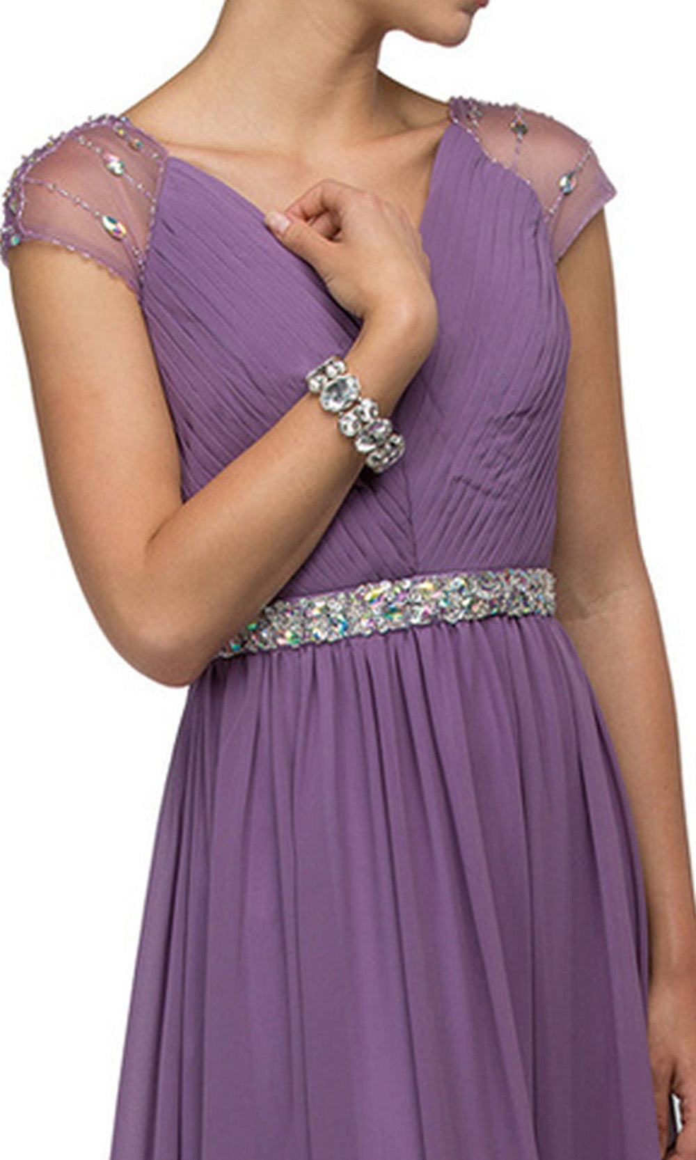 Dancing Queen Illusion Cap Sleeve Pleated V-Neck Chiffon Evening Dress 9182 CCSALE S / Dusty Lilac