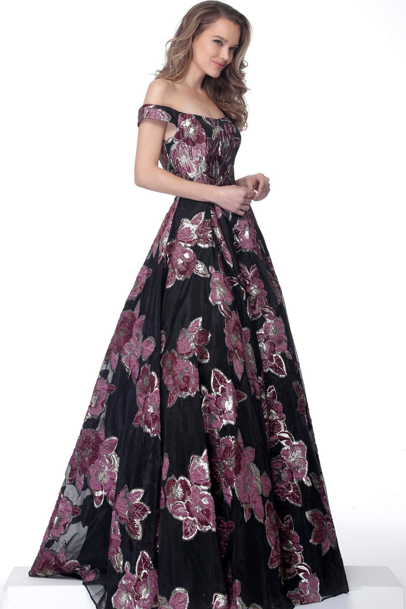Jovani - 64089 Off-Shoulder Printed Long Dress In Black and Pink
