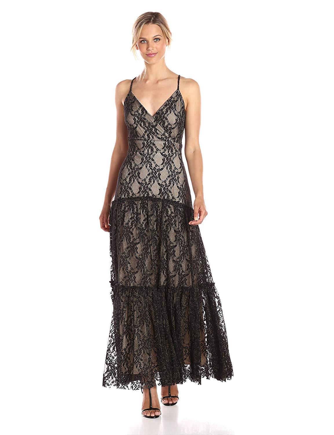 Taylor - 9003M Embroidered Halter Strap A-Line Evening Dress In Black and Neutral