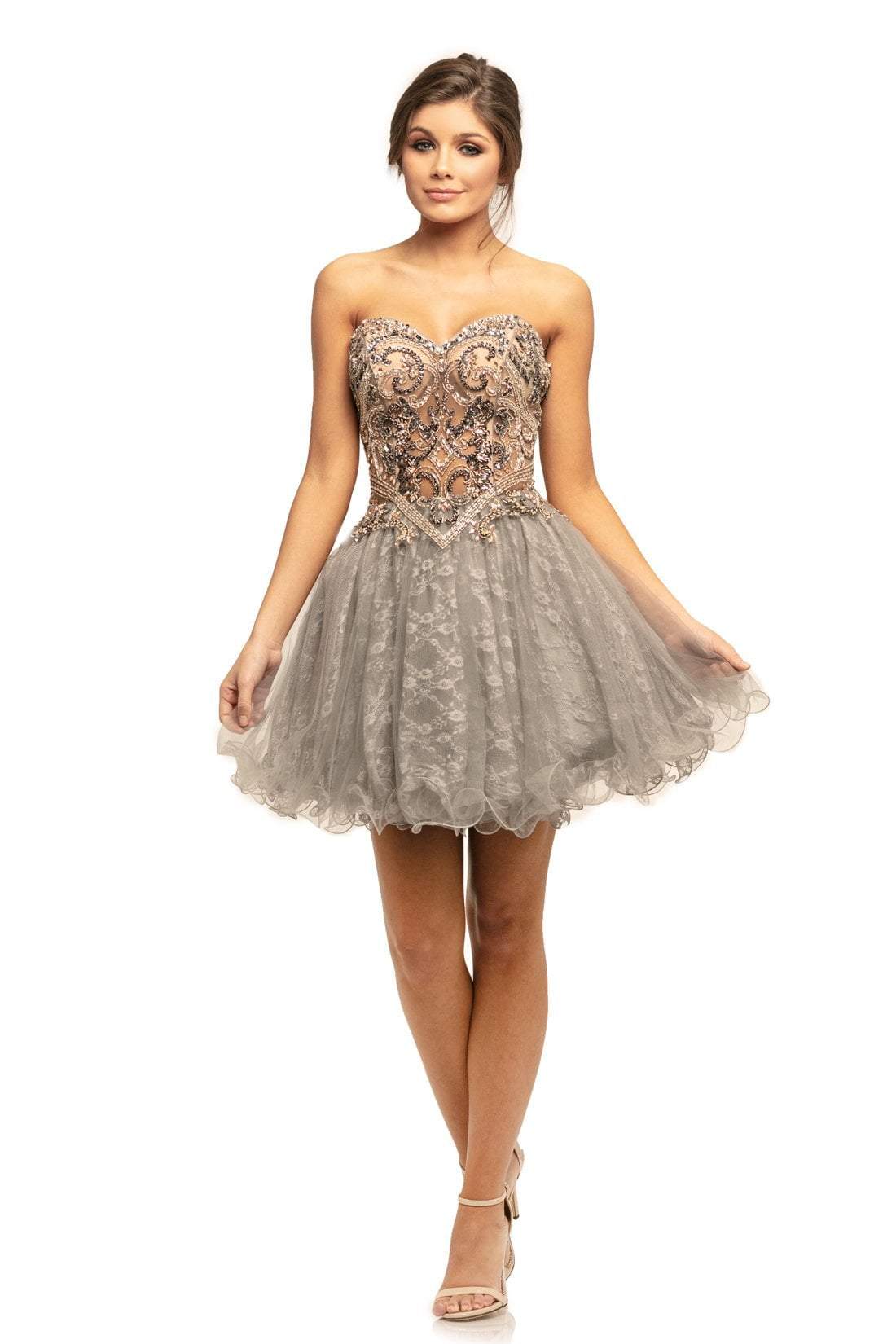 Johnathan Kayne - 9214 Appliqued Sweetheart Cocktail Dress In Gray
