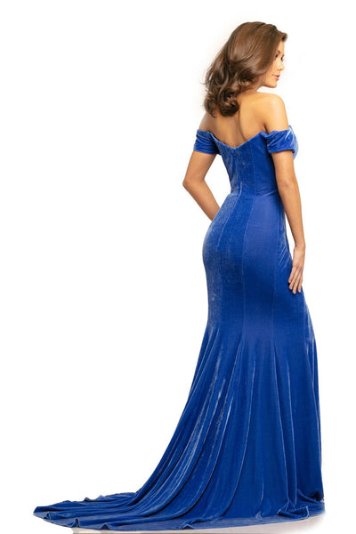 Johnathan Kayne - 9227 Off-Shoulder Plunging Neck Velvet Mermaid Gown In Blue