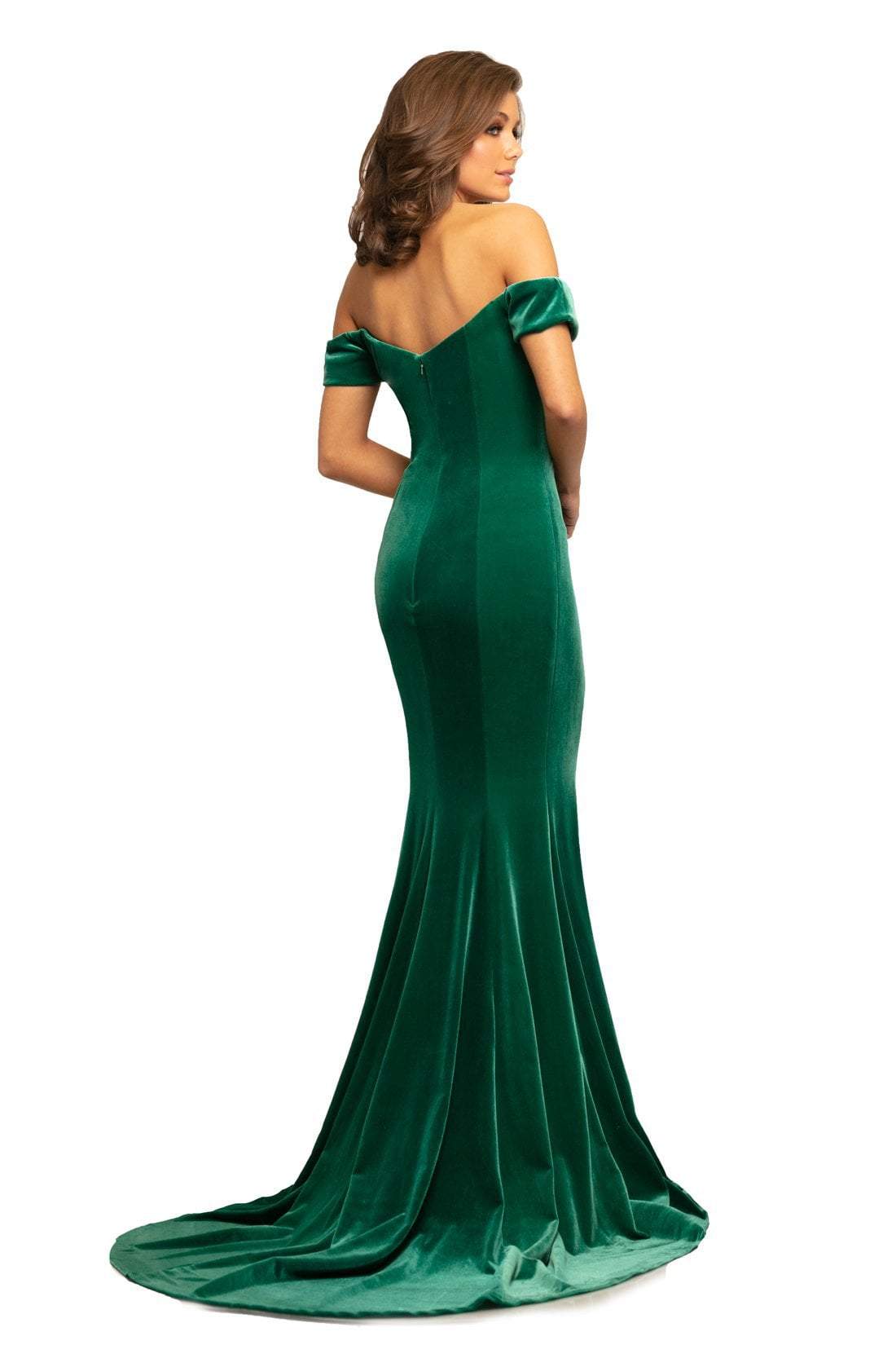 Johnathan Kayne - 9227 Off-Shoulder Plunging Neck Velvet Mermaid Gown In Green