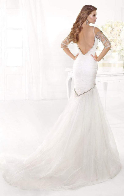 Tarik Ediz - mte92372 Bejeweled Illusion Sleeve Fitted Trumpet Gown In White