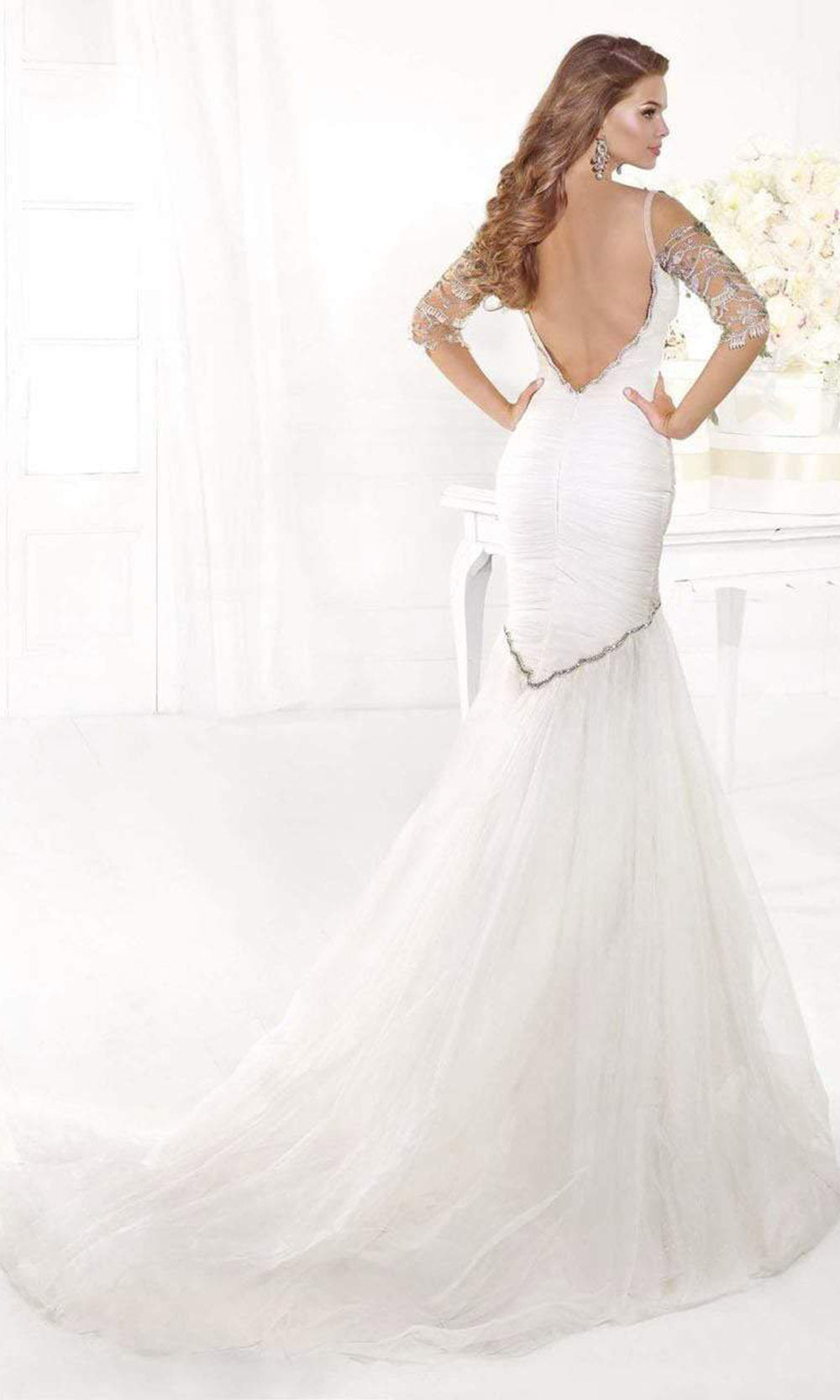 Tarik Ediz - Bejeweled Illusion Sleeve Fitted Trumpet Gown mte92372 - 1 pc Cream in Size 4 Available CCSALE 4 / Cream