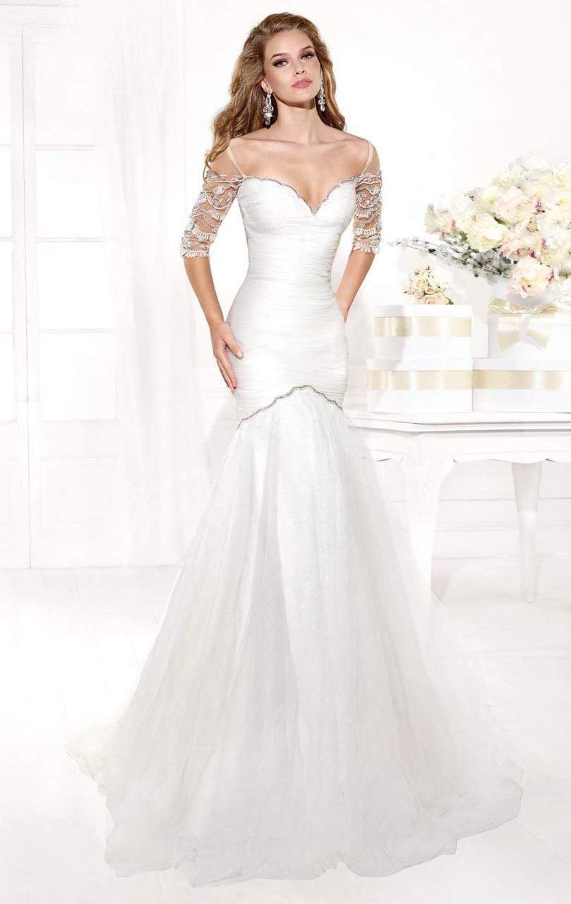 Tarik Ediz - mte92372 Bejeweled Illusion Sleeve Fitted Trumpet Gown In White