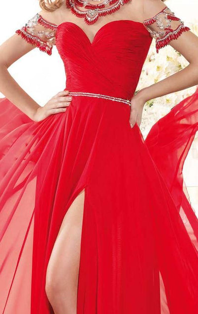 Tarik Ediz - MTE92386 Bejeweled Illusion Neckline Evening Gown In Red