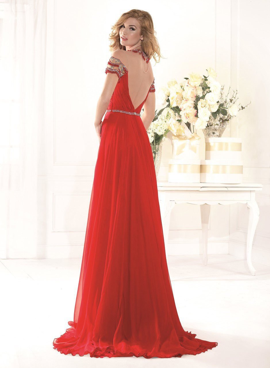 Tarik Ediz - mte92386 Bejeweled Illusion Neckline Evening Gown In Red