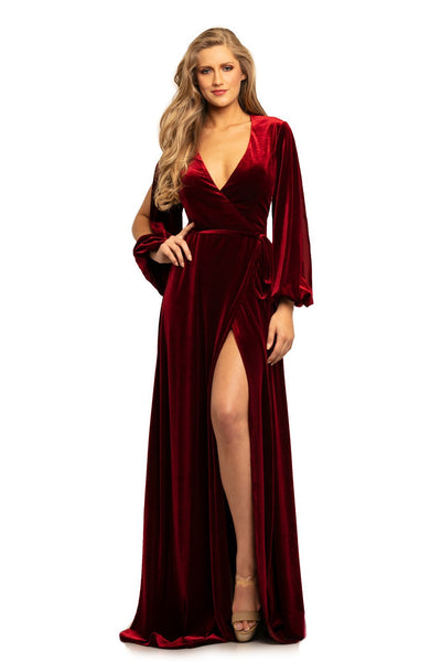 Johnathan Kayne - 9243 Deep V-neck Long Sleeve A-line Dress In Red