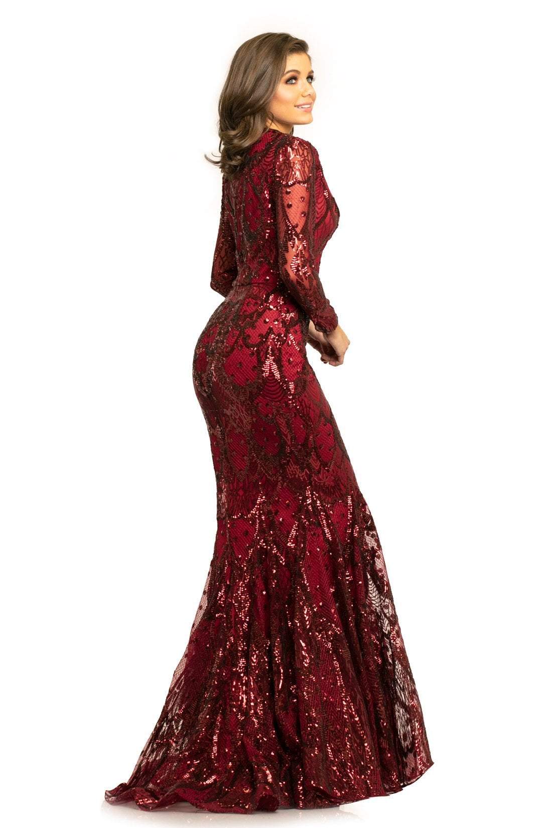 Johnathan Kayne - 9245 Long Sleeve Sequin Textured Mermaid Gown In Red