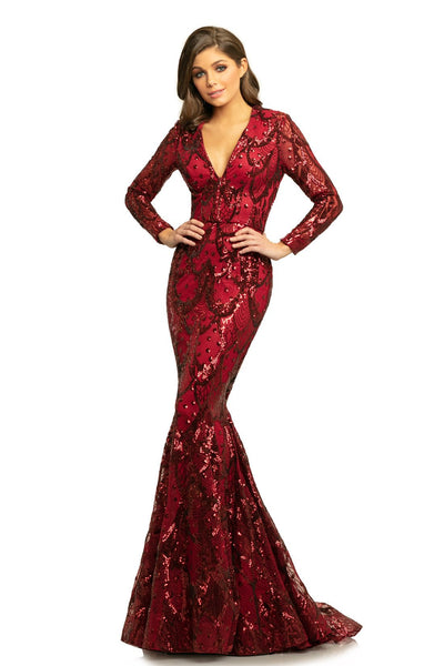 Johnathan Kayne - 9245 Long Sleeve Sequin Textured Mermaid Gown In Red