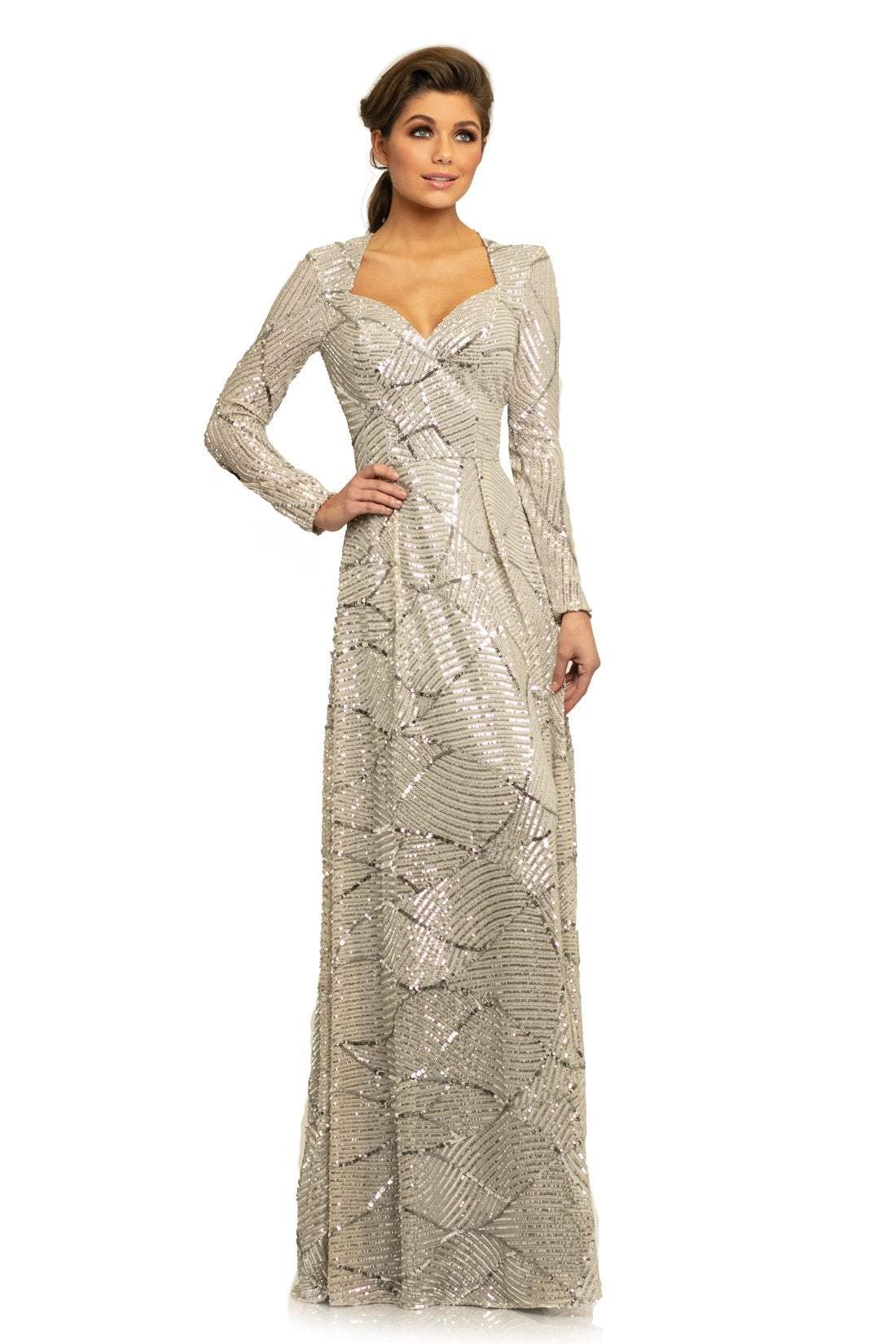 Johnathan Kayne - 9250 Queen Anne Long Sleeves Column Gown In Gray and Silver