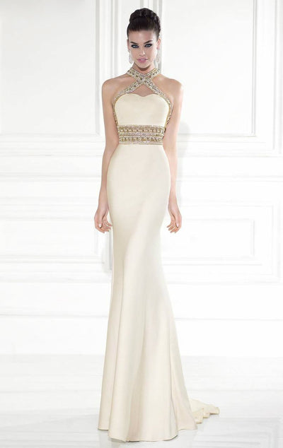 Tarik Ediz - Embellished Crisscross Halter Strap Gown 92530 in White