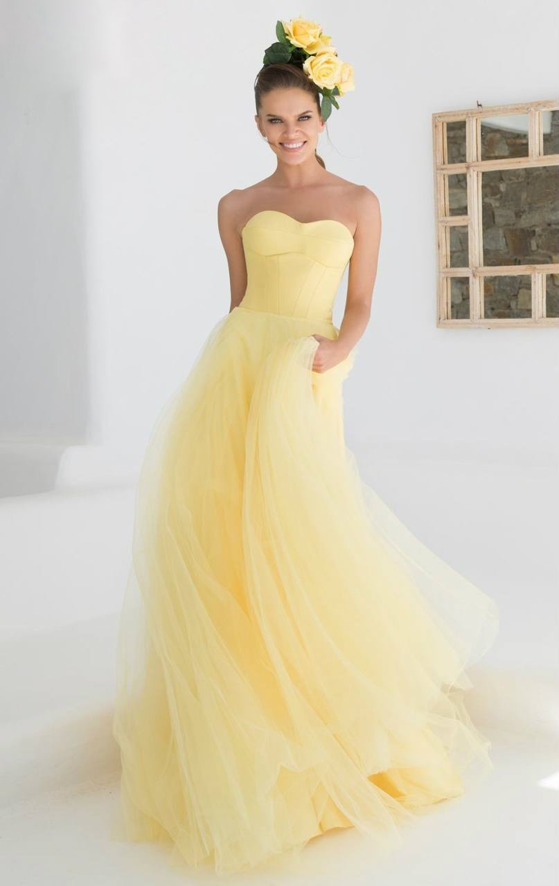 Tarik Ediz - Sweetheart Gown with Sheer Halter Overlay 92555 in Yellow