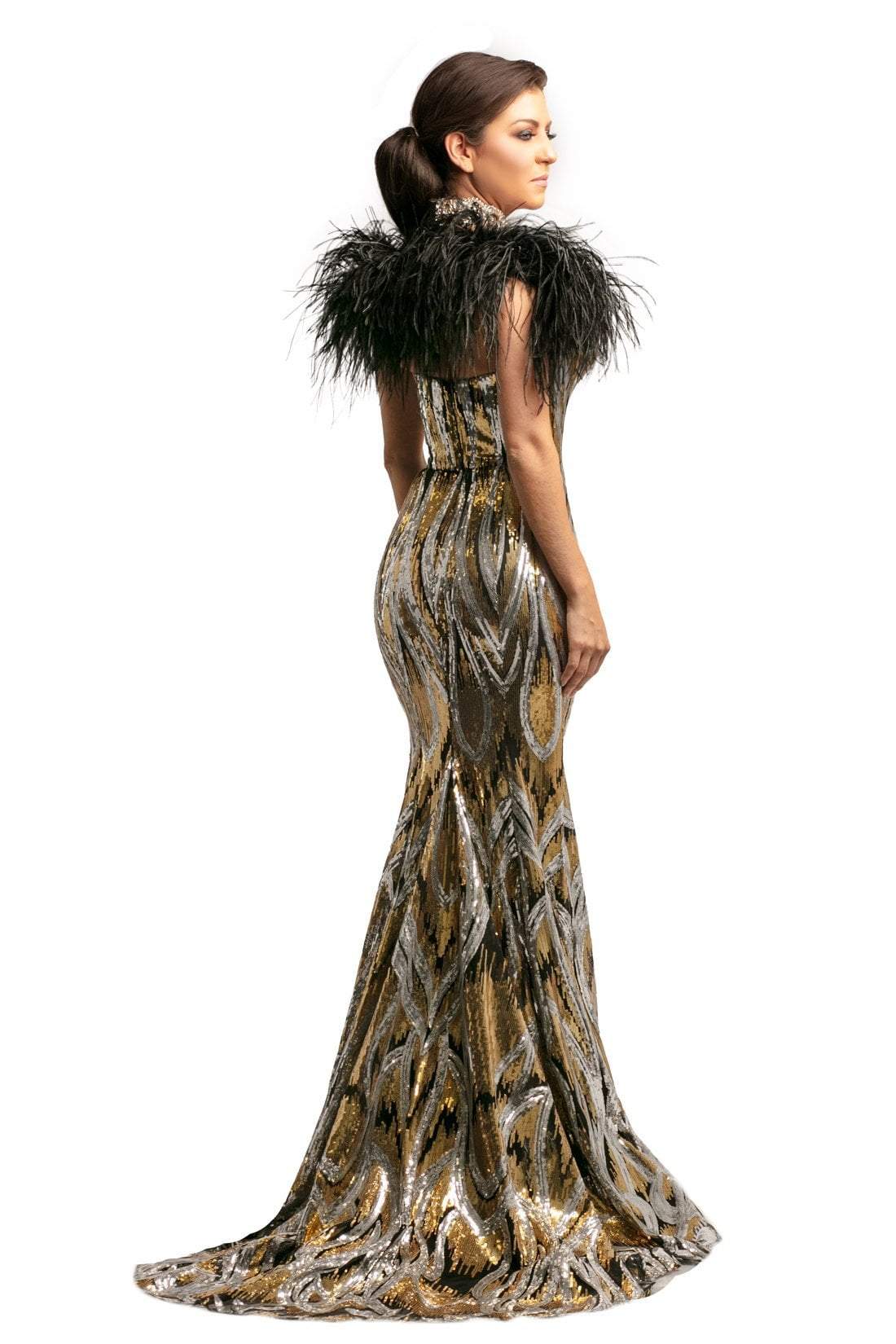 Johnathan Kayne - 9256 Sequined Deep V-neck Mermaid Dress In Black and Gold