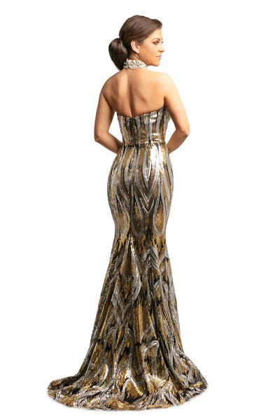 Johnathan Kayne - 9256 Sequined Deep V-neck Mermaid Dress In Black and Gold