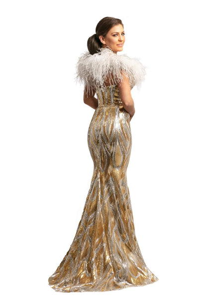 Johnathan Kayne - 9256 Sequined Deep V-neck Mermaid Dress In Neutral and Gold
