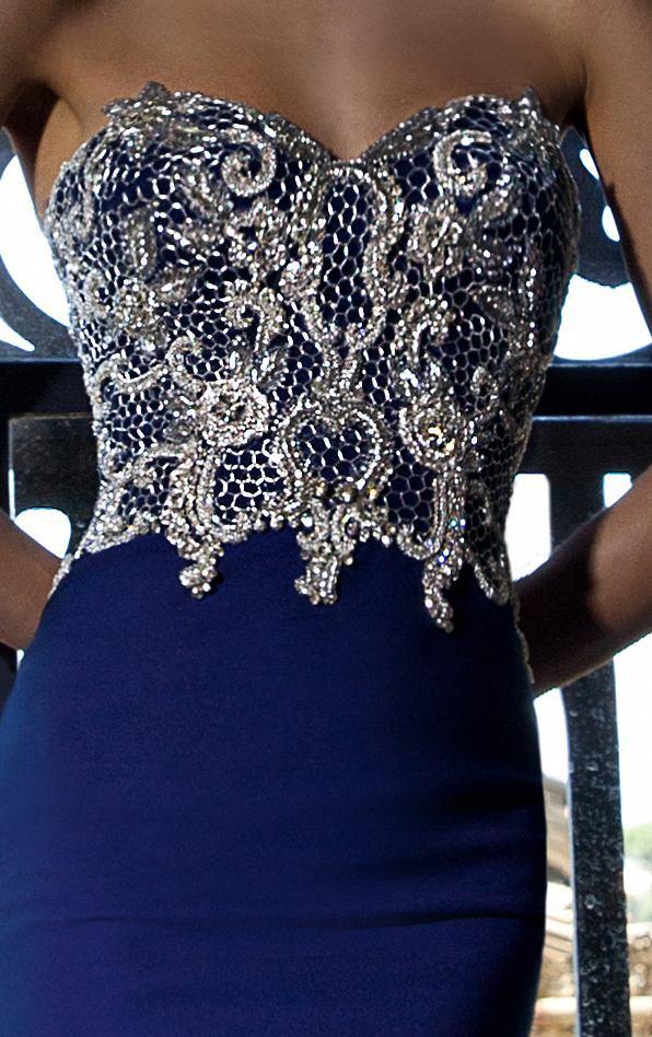 Tarik Ediz - Shimmering Lace Strapless Sweetheart Gown 92595 in Blue