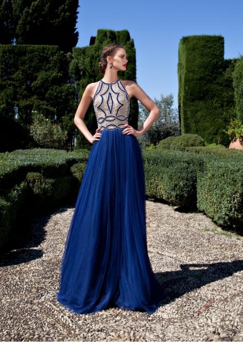 Tarik Ediz - Embellished Halter Neck Dress 92608 in Blue