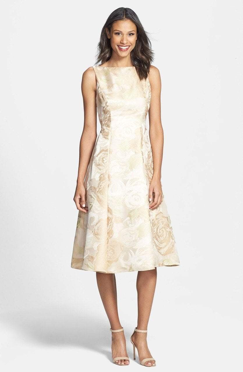 Adrianna Papell - 41889270 Tea-Length Jacquard Floral Print Dress in Neutral