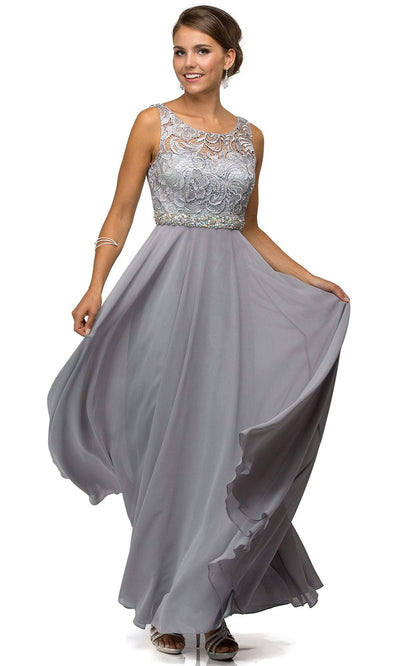 Dancing Queen - Sleeveless Lace Bodice Chiffon Prom Dress 9325 In Silver