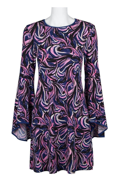 Taylor - 9338M Long Bell Sleeve Printed A-Line Dress In Blue and Pink